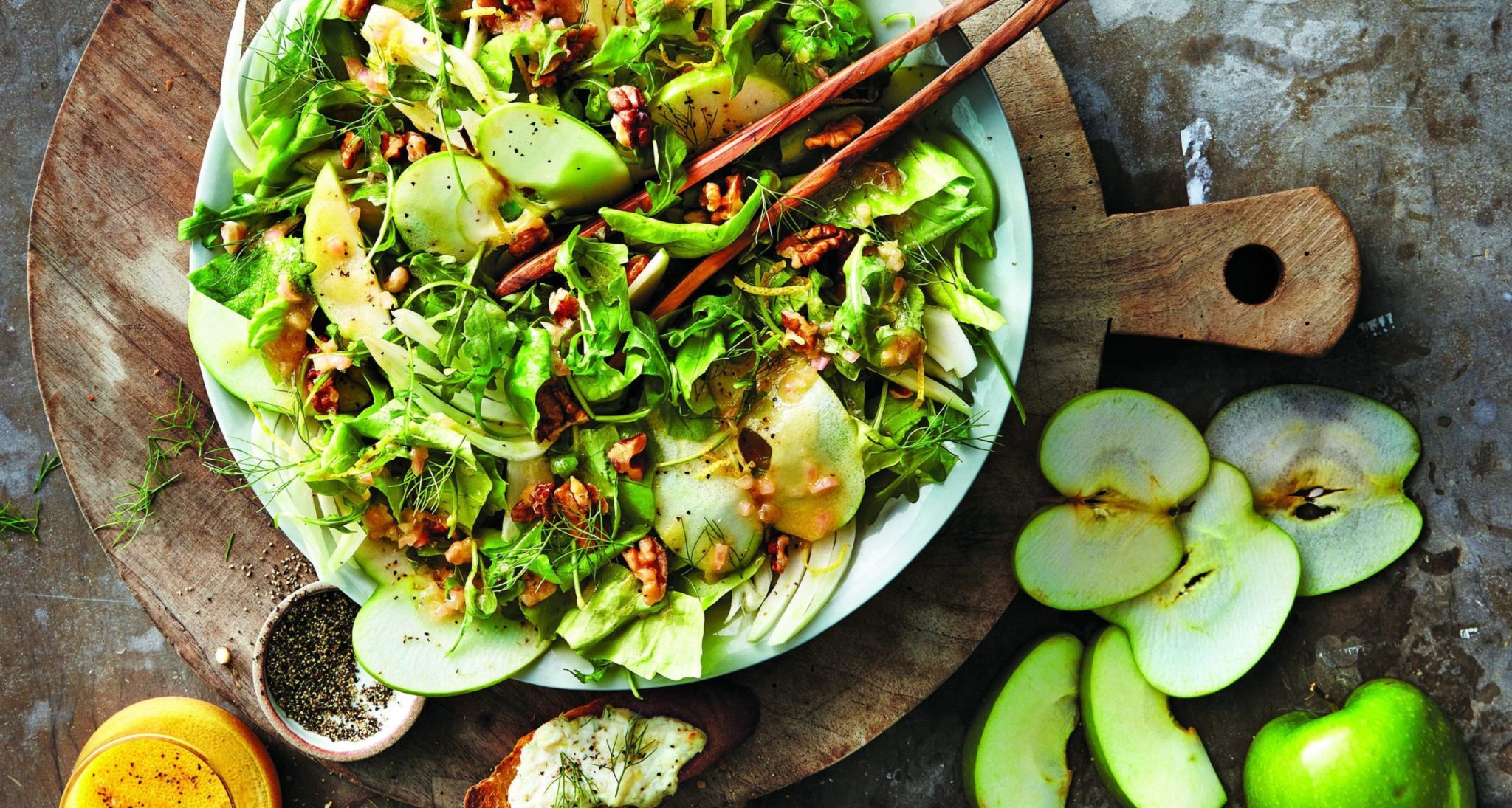 Arugula, Apple, and Fennel Salad with Citrus Vinaigrette and Three-Cheese Crostadas