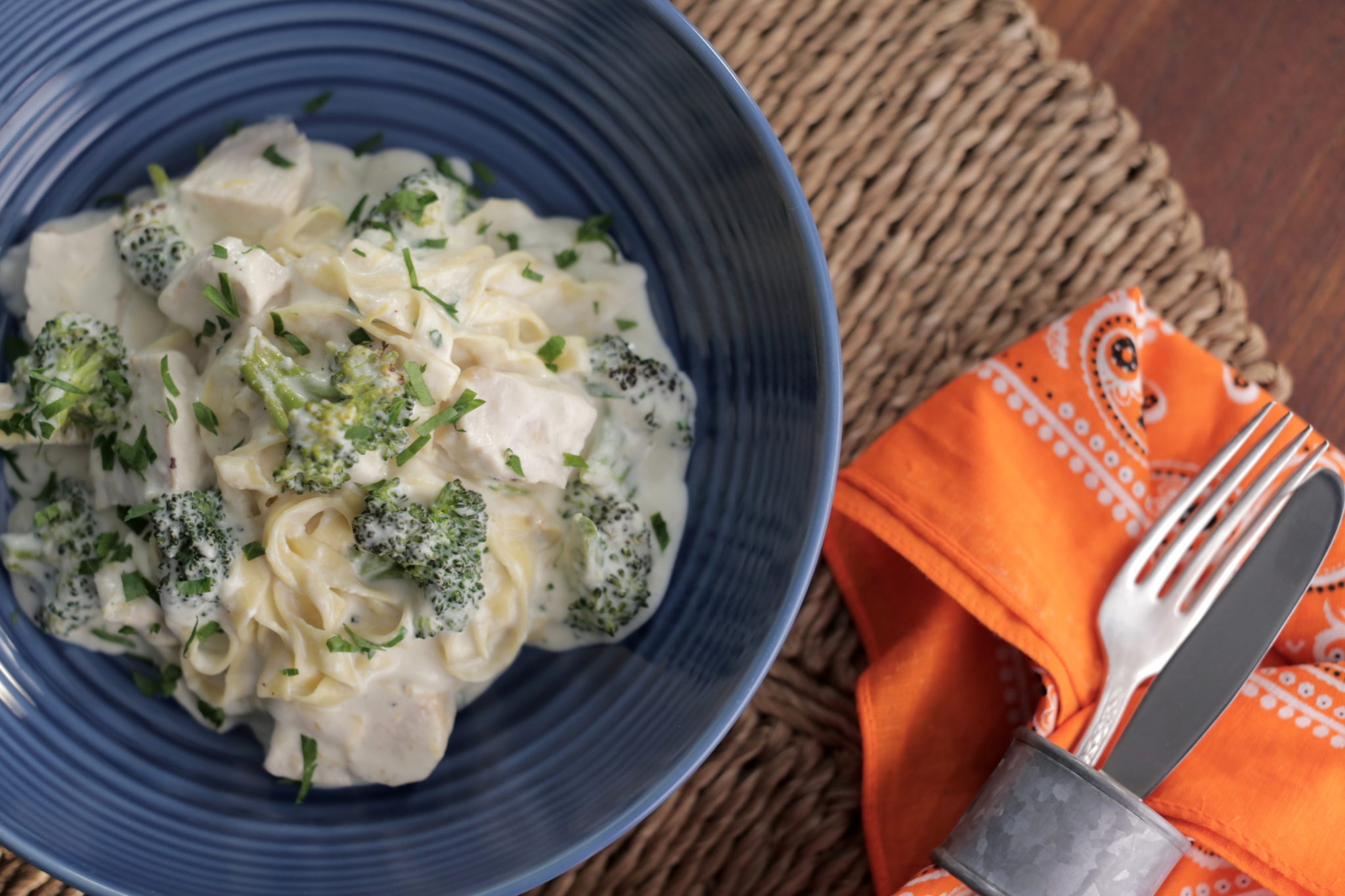 Chicken and Broccoli Fettuccine Alfredo with Homemade Fettuccine