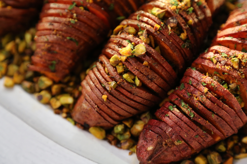 Hasselback Sweet Potatoes with Pistachio Crumble