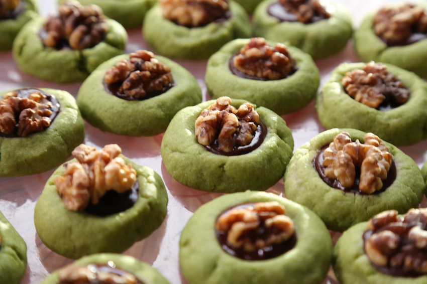 Matcha Thumbprint Cookies with Walnut Chocolate and Walnuts