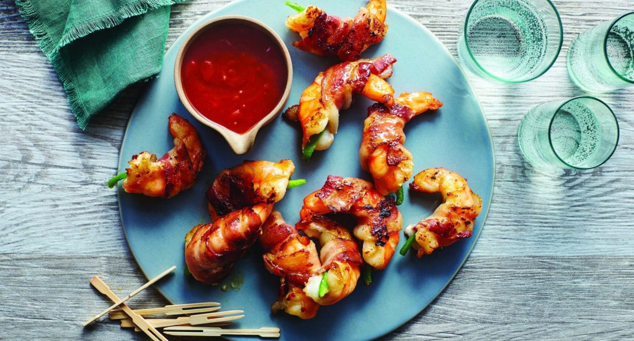 Jalapeño Bacon Wrapped Shrimp with Cherry Cola Sauce