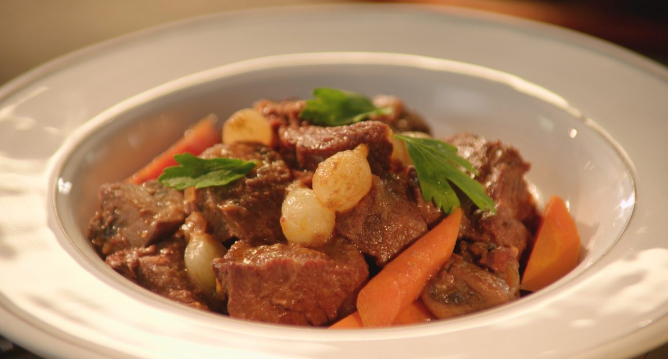 A beauty shot of Host Valerie Bertinelli's Beef Bourguignon, as seen on Food Network's Valerie's Home Cooking, Season 4.