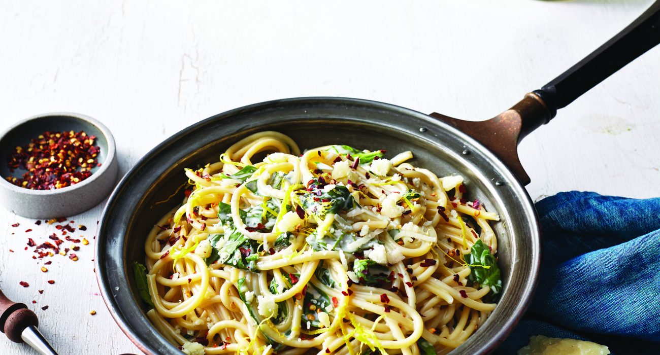 Bucatini with Wilted Spinach and Lemon Mascarpone Sauce