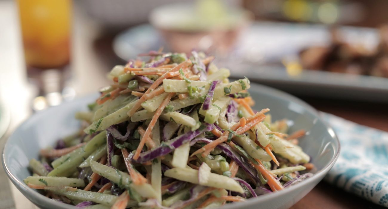 The chayote slaw with avocado cilantro dressing featured on the A Picture Worth Eating episode of Valerie's Home Cooking season 6.