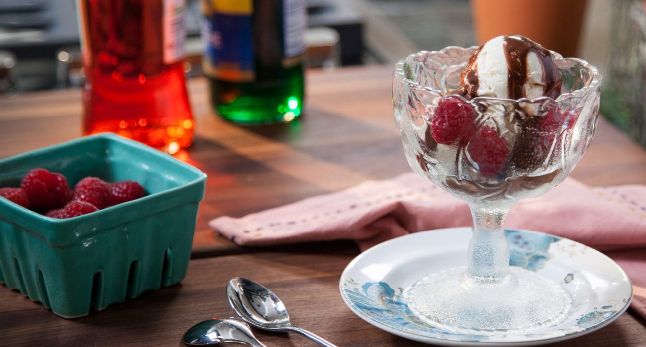 Chocolate mint sundae with homemade chocolate sauce, as prepared by host Valerie Bertinelli, as seen on Food Network's Valeries Home Cooking, Season 1.