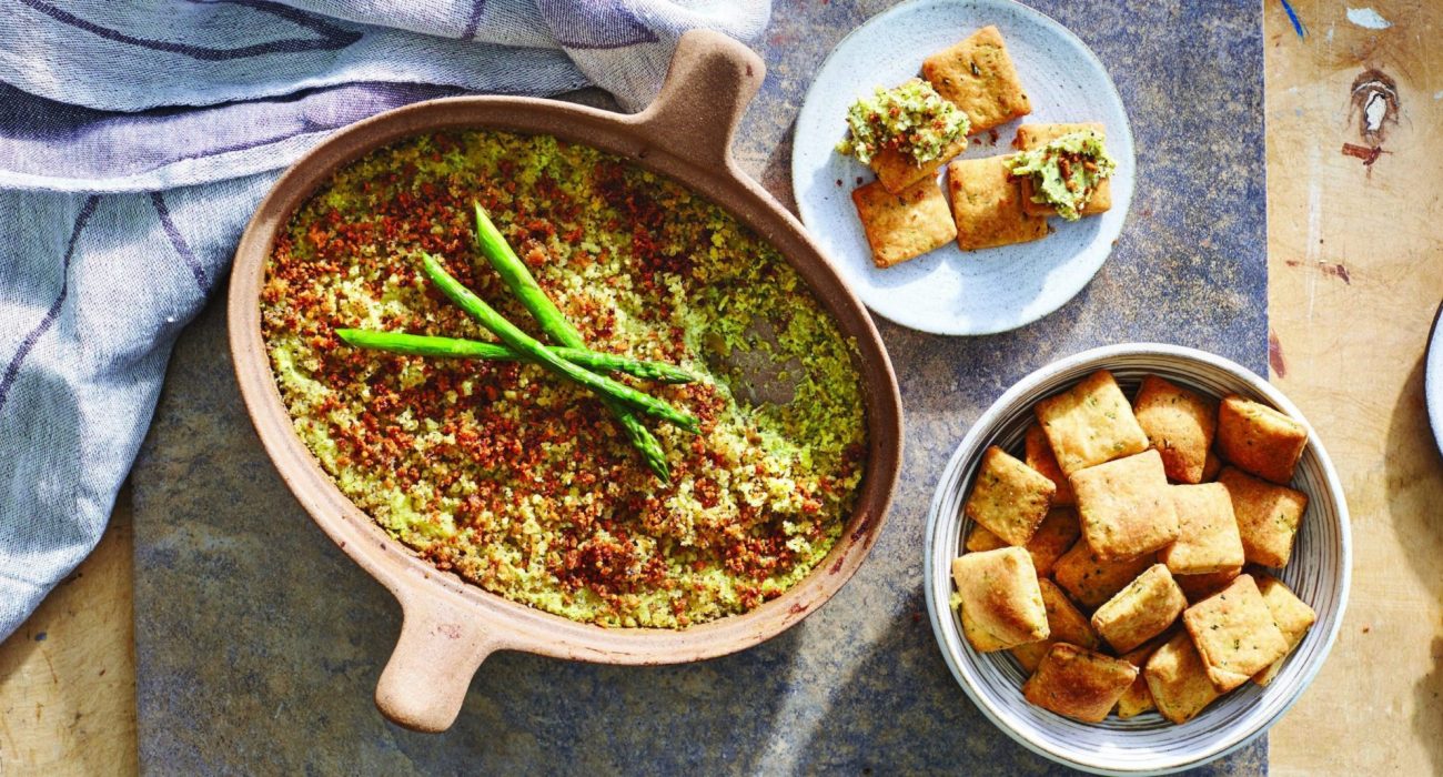 Roasted Asparagus Pesto Dip with Pepper Crackers