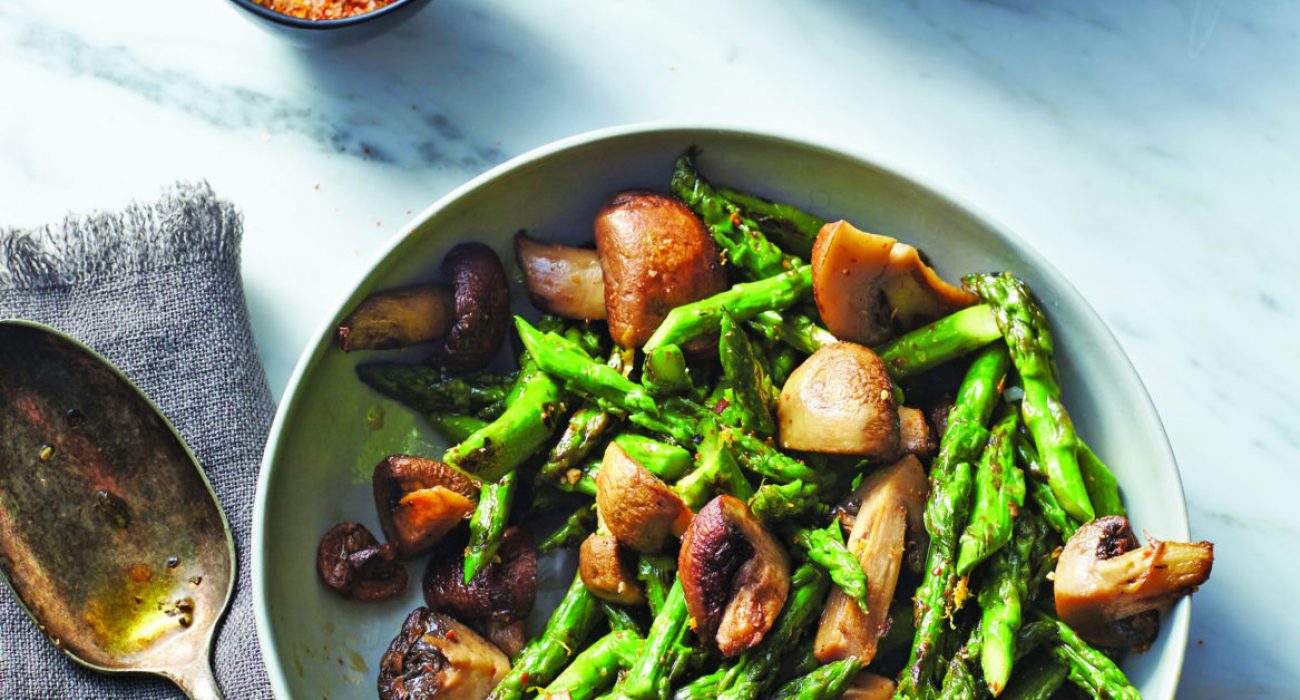 Roasted Asparagus and Mushrooms with Chile-Lemon Salt