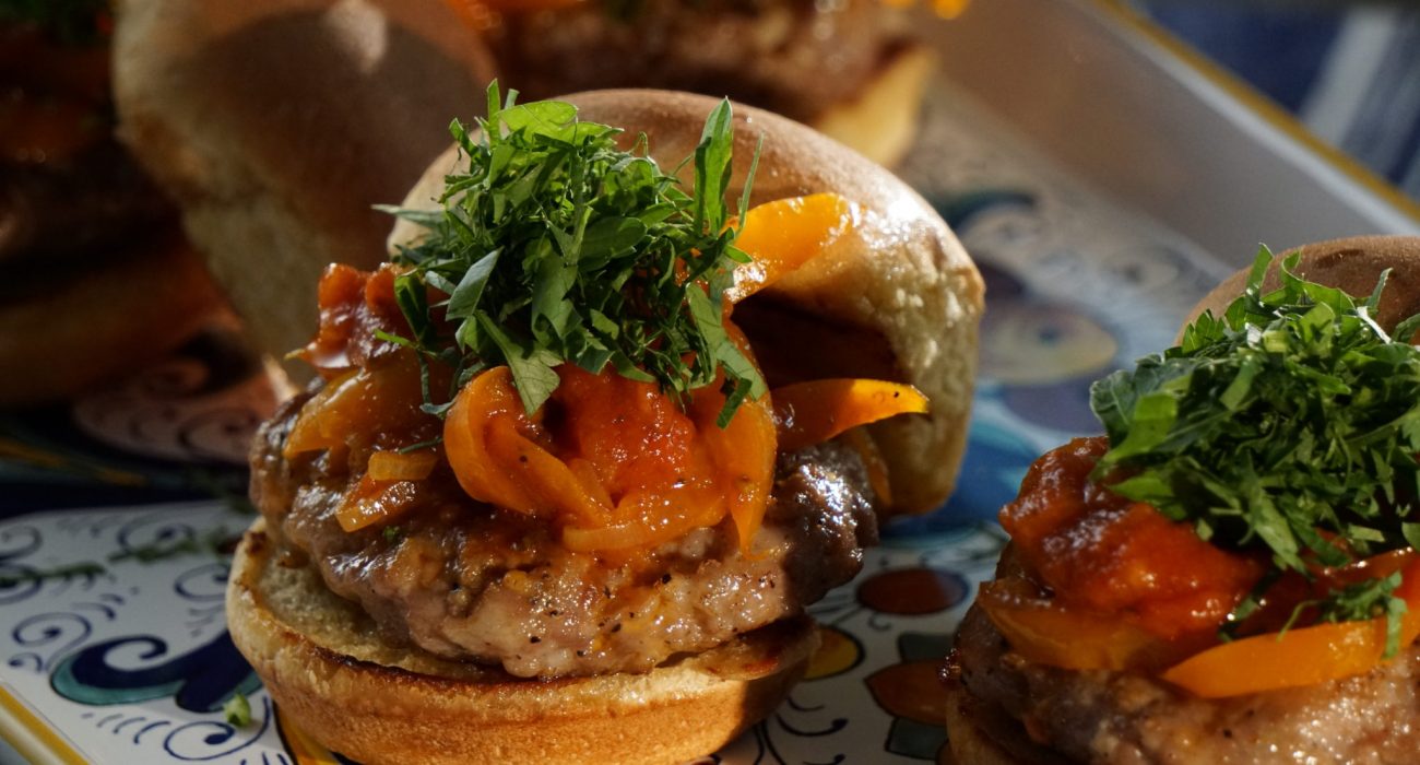 A Beauty shot of Host Valerie Bertinelli's Sausage and Pepper Sliders