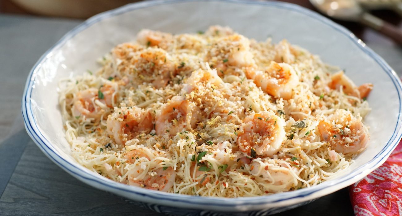 A beauty shot of Valerie's Shrimp Scampi with Herb Breadcrumbs, as seen on Food Network's Valerie's Home Cooking, Season 4.