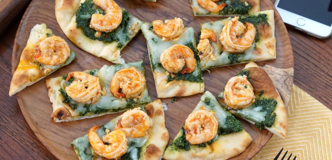 Tuscan Kale Pesto Pizza with Shrimp Scampi