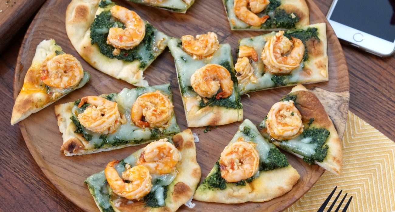 Tuscan Kale Pesto Pizza with Shrimp Scamp